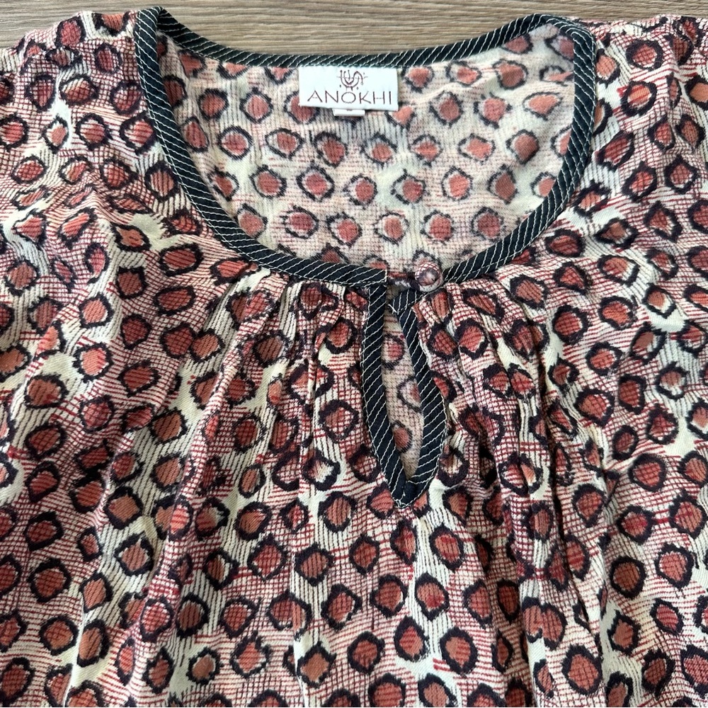 ANOKHI Brown Giraffe Print Cotton Blouse Womens Small Keyhole Shirt Boho Exotic
